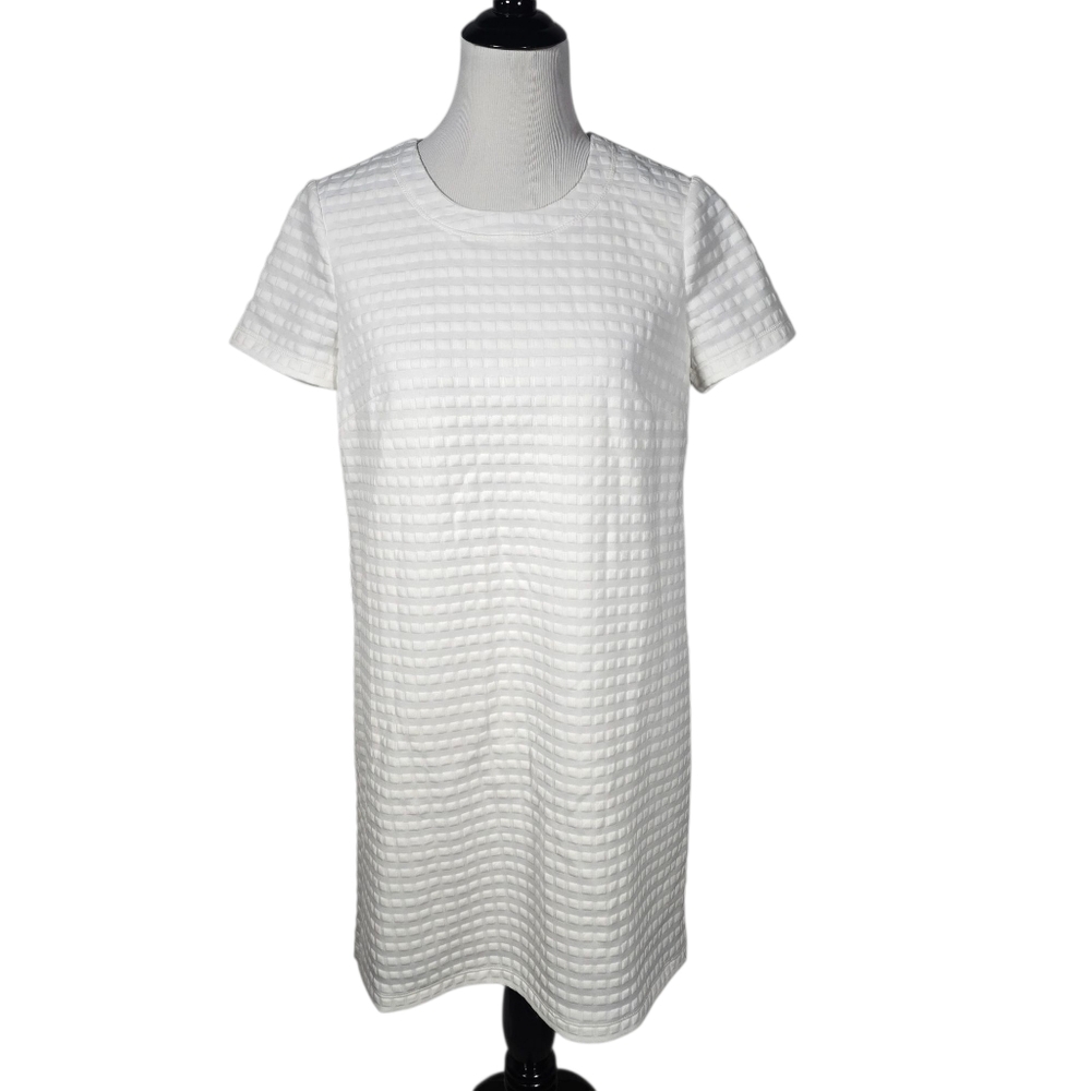 London Times Petites 12P White Textured Short Sleeve Knee Length Dress